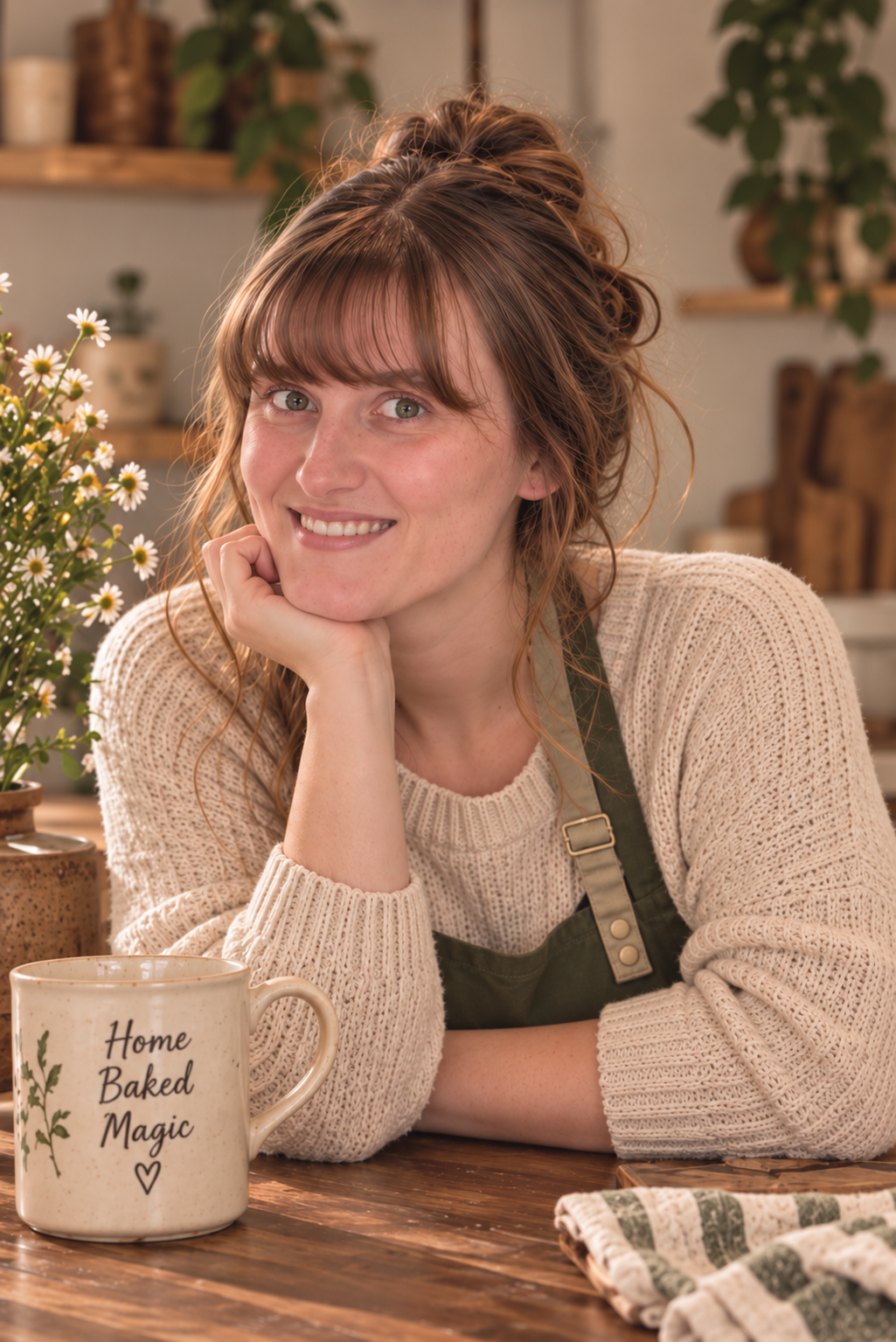 Ashley, the baker behind Whisk & Willow, smiling in her kitchen with a Home Baked Magic mug