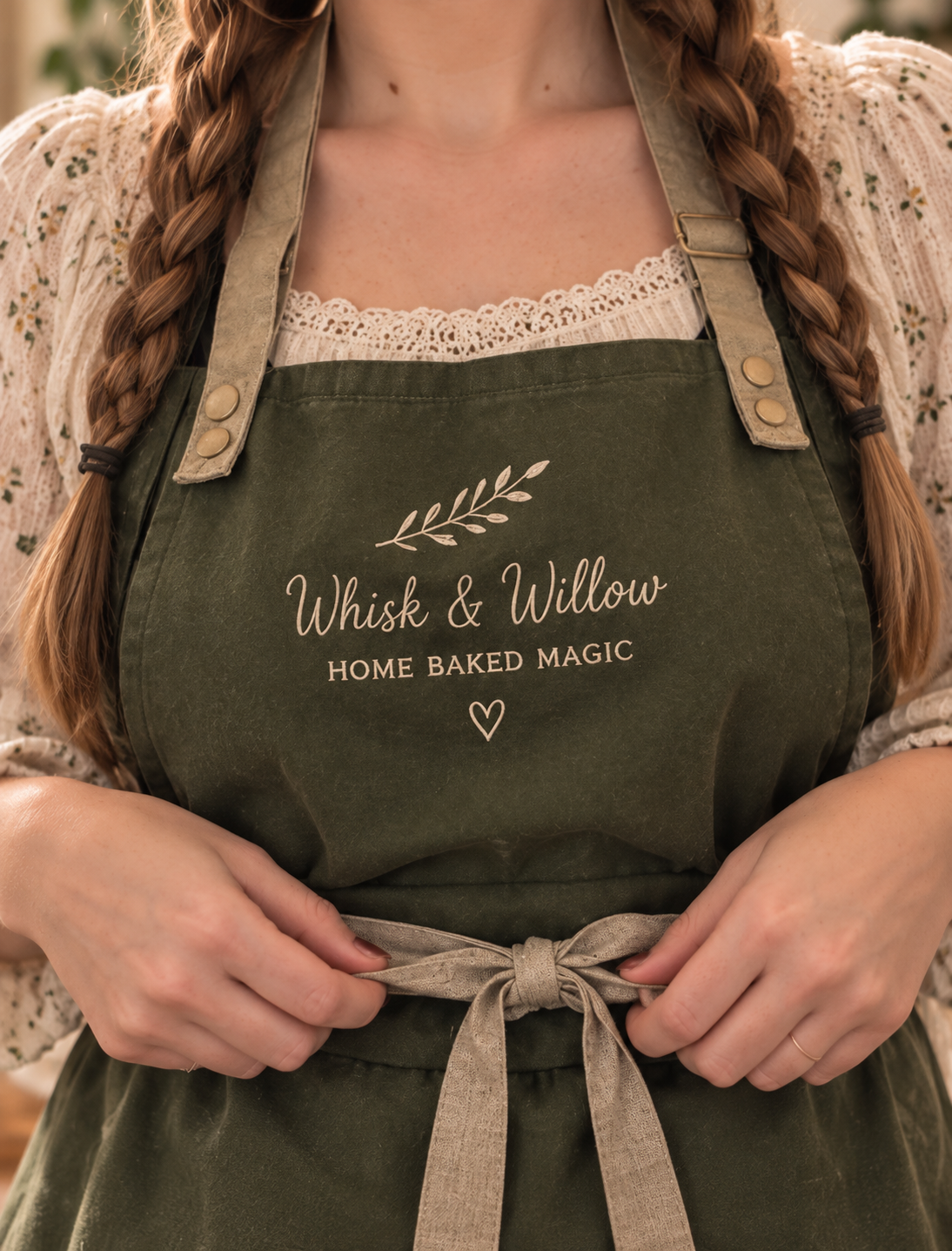 Whisk & Willow Home Baked Magic embroidered on a sage green apron