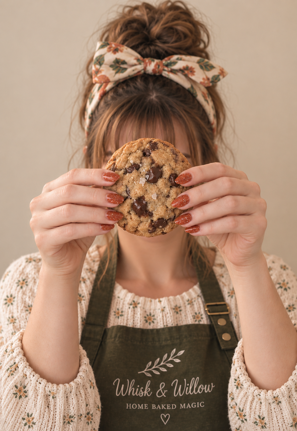 Ashley holding a warm chocolate chip cookie up to her face, smiling behind it in her Whisk & Willow apron