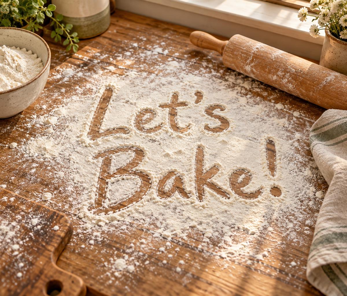 Let's Bake written in flour across a warm wooden bakery counter