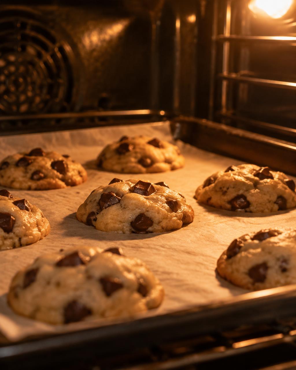 Chocolate chip cookie dough baking on a tray inside a warm oven, lit by the oven light